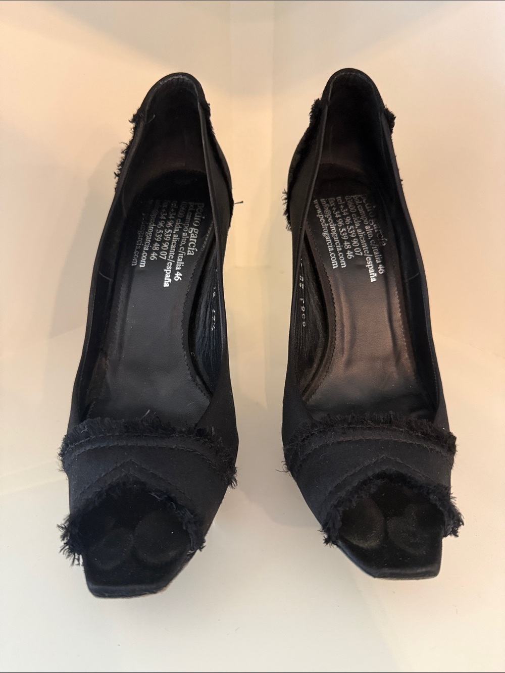 Pedro Garcia Black Satin Open-Toe Heels w/ frayed trim